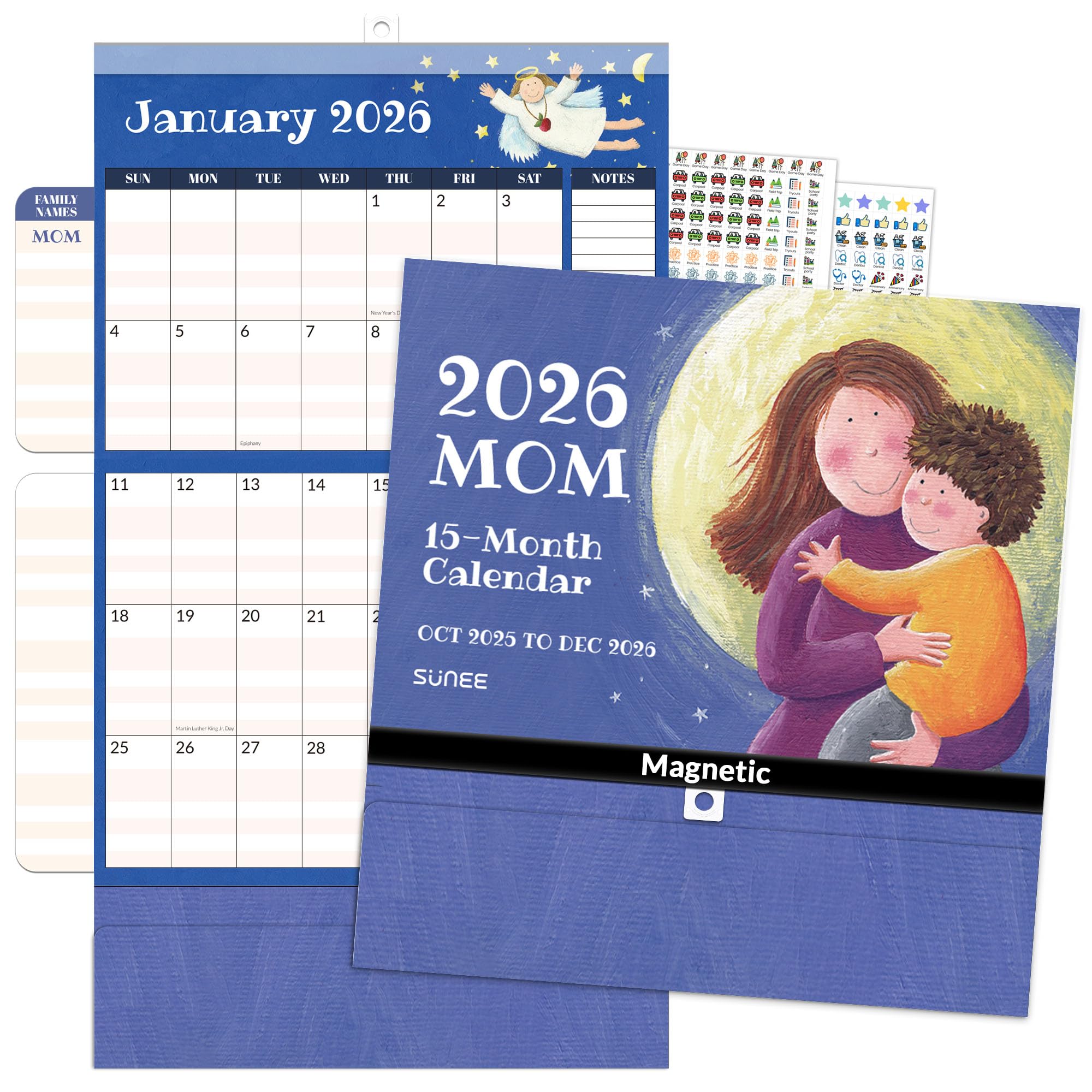 Photo 1 of +4 PACK SUNEE Family Wall Calendar 2026 Magnetic Fridge Calendar 15 Months, Oct. 2025 to Dec. 2026, Moms Calendar 2025-2026 Wall Calendar, Family Organizer Sticks to Refrigerator - over 300 Stickers