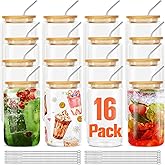 ASKIZ 16Pcs Glass Cups With Bamboo Lids and Straws,16Oz Ice Coffee Cup,Drinking Glasses Cups Set,Water Bottles Glasses for Juicing,Beer,Coffee,Soda,Tea-Glass Tumbler Reusable for Gifts