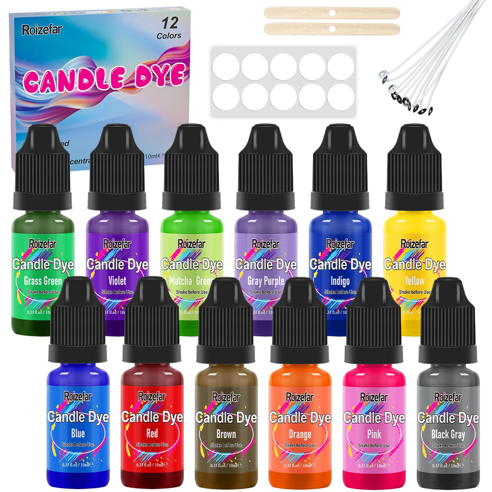 Roizefar Candle Dye - 12 Colours, Candles Dye for Soy Wax, Candle Colour Dyes for Candles Making, Oil-Based Liquid Dyes for Wax Melts, Highly Concentrate for Soy Waxs