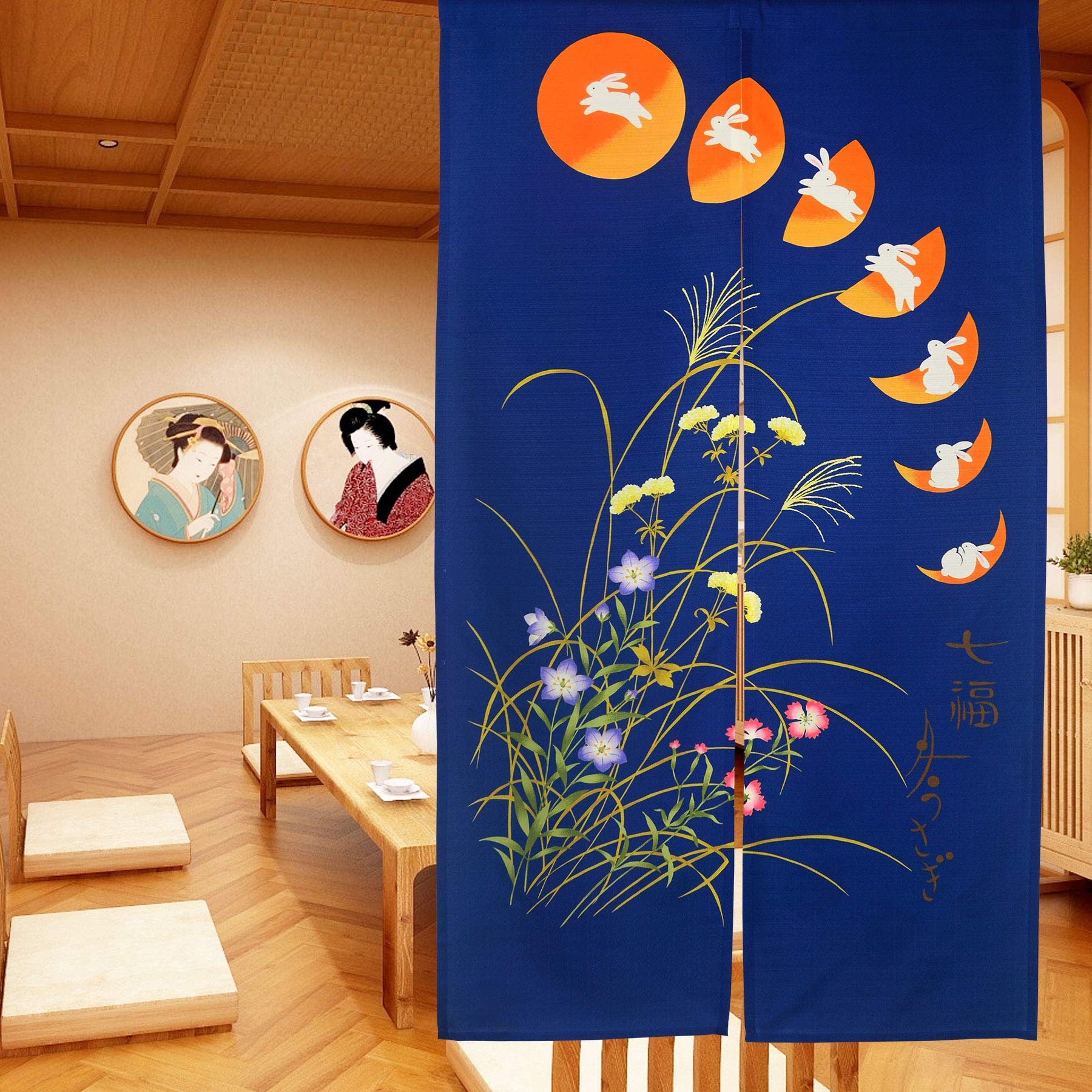 LIGICKY Japanese Noren Long Type Doorway Curtain Door Tapestries for Home Decoration 33.5 x 59 inch, Blue (Seven Rabbits Running to the Moon)