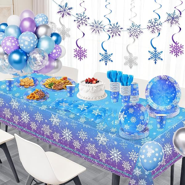 WINTER BIRTHDAY PARTY DECORATIONS SERVE 24, SNOWFLAKE WINTER WONDERLAND DECORATIONS DISPOSABLE TABLEWARE INCLUDES PAPER PLATES NAPKINS TABLECLOTH FOR CHRISTMAS WINTER HOLIDAY NEW YEAR BIRTHDAY PARTY