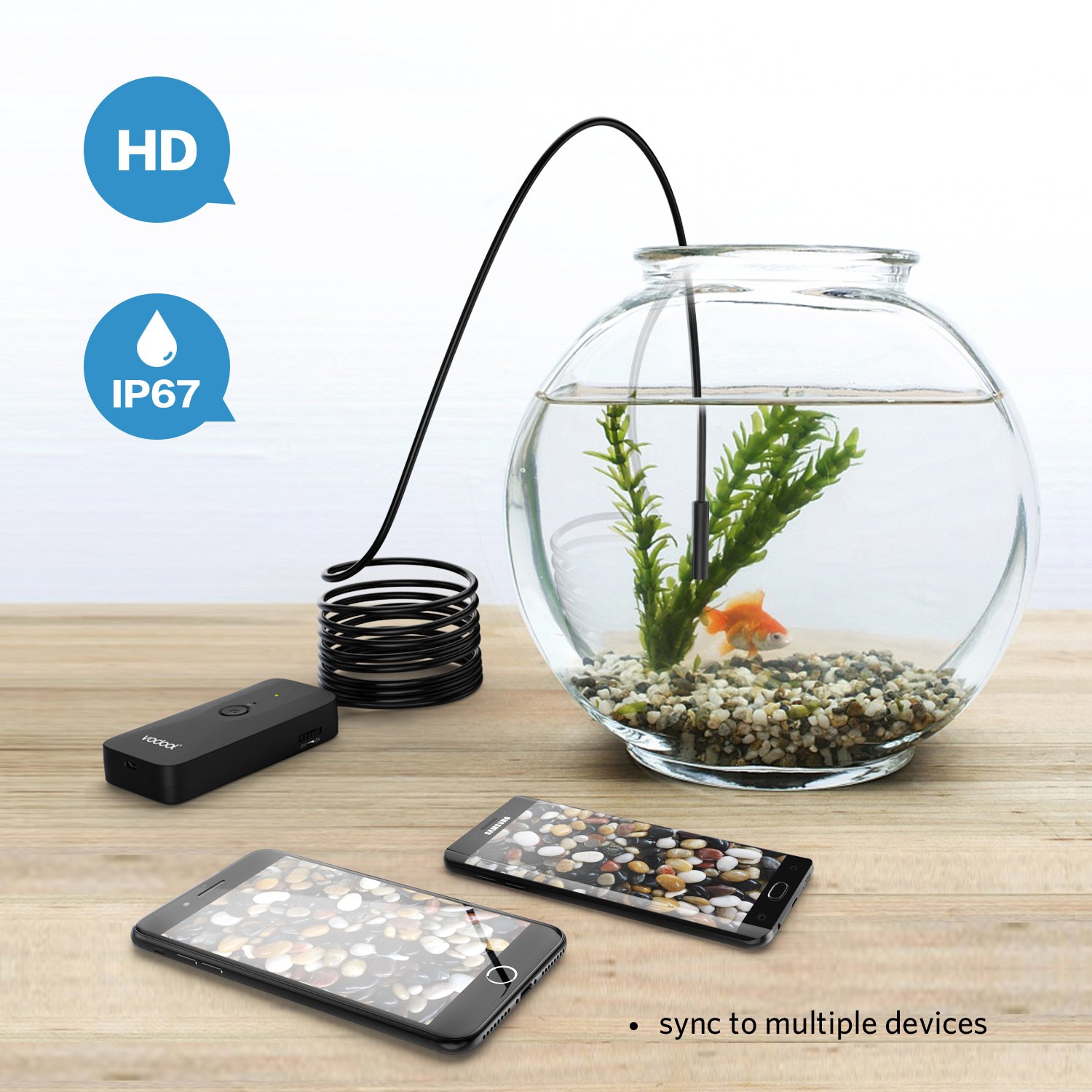 Inspection Camera, Vodool Wireless Endoscope Camera Wi-fi 2.0 MP HD, Semi-rigid Borescope with LED Blue Light Reduce Exposure, IP67 Waterproof Snake Camera for Android & iOS Smartphone Tablet, 1000mAh Rechargeable Battery - Black (11.8FT)