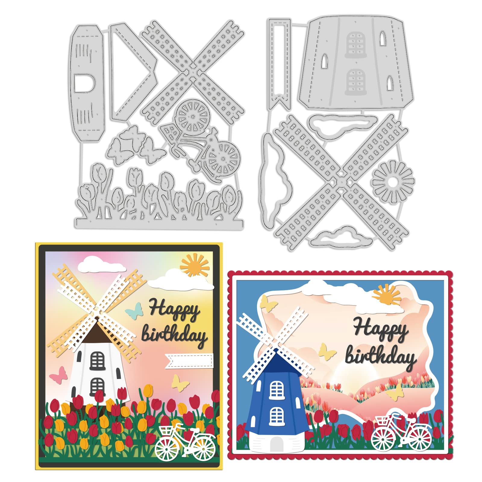 INFUNLY Windmill Die Cut Bicycle Metal Cutting Die for Card Making Farmhouse Style Tulips Flower Embossing Stencil Template for Scrapbooking Paper Craft Album Stamps DIY Décor