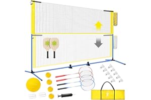 KIKILIVE Pickleball Badminton Net Set for Backyards, All-in-One Portable Volleyball Combo Set with Adjustable Net, Volleyball Pickleball Paddles & Badminton Rackets for Indoor Outdoor