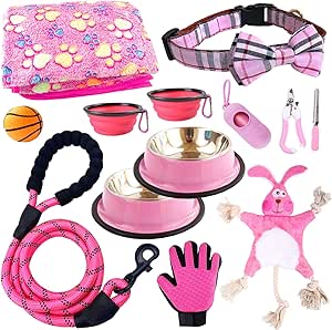 teemerryca 12pcs Puppy Starter Kit /Dog Collar /Leash /Blanket/ Feeding Bowls/Squeak Toys/ Grooming Glove /All The Basics for A New Furry Addition to Your Home Christmas Birthday Gift