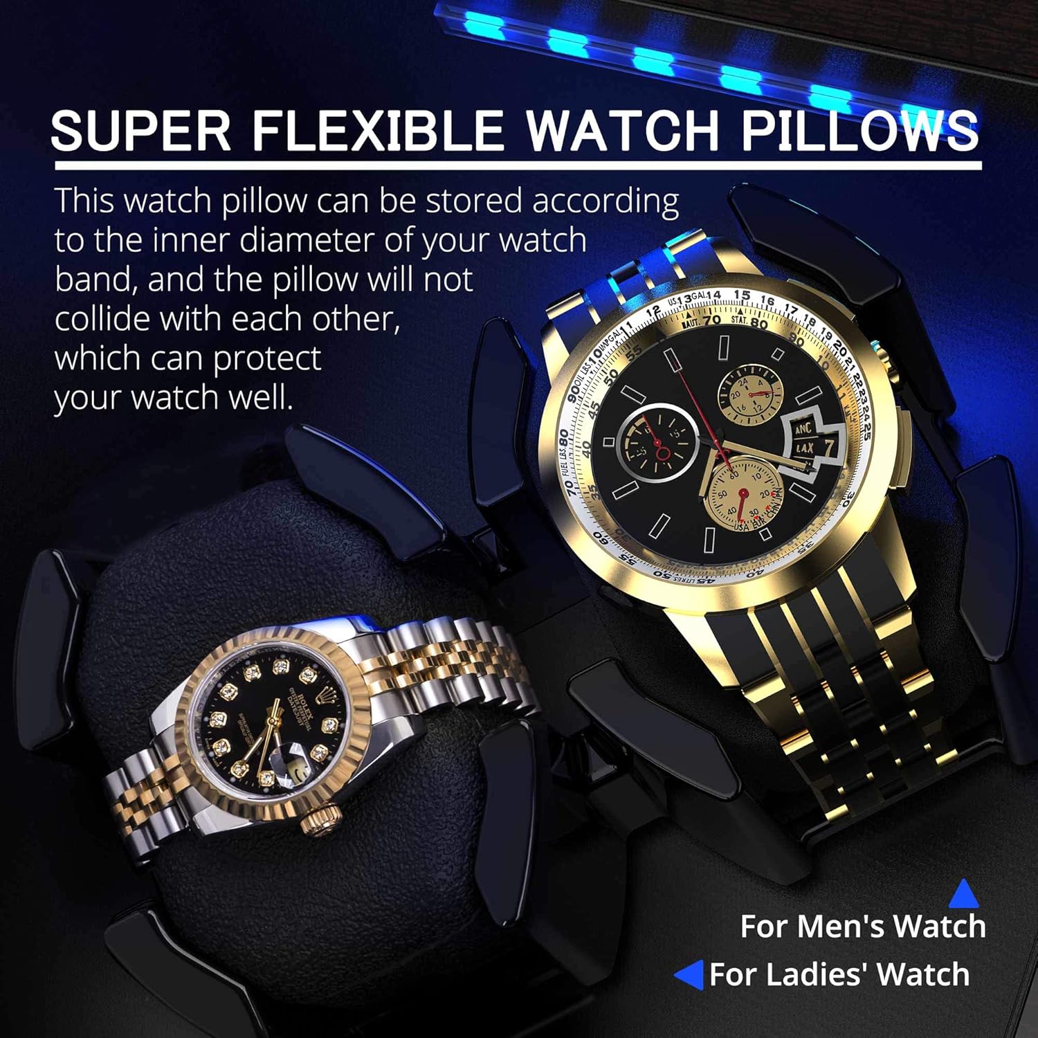 High End Double Watch Winder for Rolex with Soft Flexible Watch Pillows, Blue Led Light, Open and Shut Down Featured, Pine Bark Pattern, Two Extra Over Size Watch Pillows Included (Pine BARK Pattern): Watches