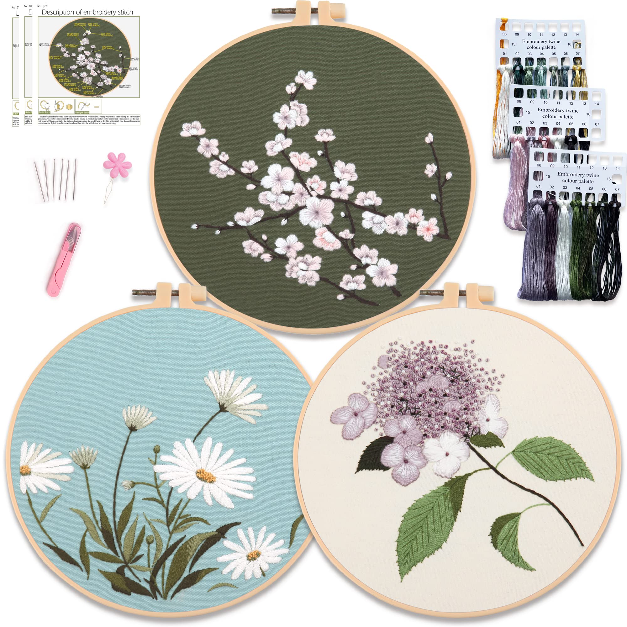 Myfelicity Embroidery Kit, 3 Flower Pattern Sets, Includes 3 Patterned Embroidery Cloths, 3 Threads, 3 Paper Instructions, 6 Needles and 1 Hoop… — image 1