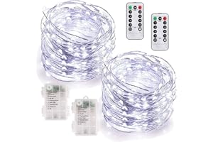 MUMUXI Remote Control Fairy Lights Battery Operated String Lights with Timer [Set of 2], 33ft 100 LED Twinkle Lights with Remote | Outdoor Fairy Lights Waterproof Silver Wire Firefly, Cool White