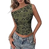 Lazysmile Womens Summer Floral Off Shoulder Tops Sleeveless Ruched Slim Fit Shirts Blouse Y2K Going Out Mesh Tank Tops