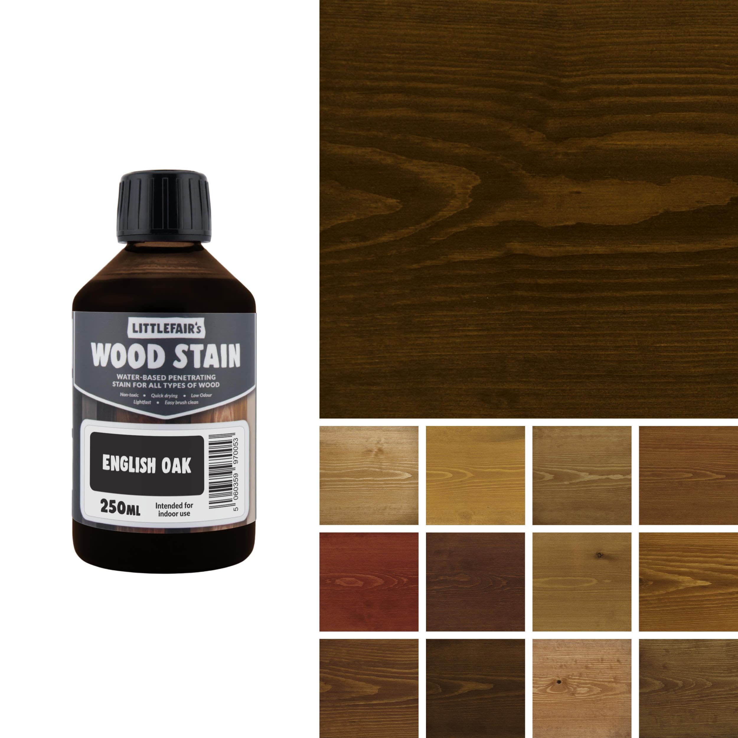 Littlefair's Wood Stain Water-Based - (English Oak) – Non-Toxic, Eco-Friendly & Quick Drying - Easy-to-Apply, Concentrated Formula for All Wood Types – 250ml