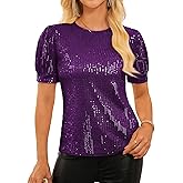 GRACE KARIN Womens Full Sequin Tops Sparkle Glitter Blouses Lantern Short Sleeve Shirts Dressy Party Concert Outfits