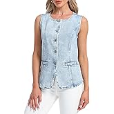 Ladyful Womens Denim Vest Top Button Down Jean Vest Tank Tops Sleeveless Crewneck Jean Waistcoat with Pockets