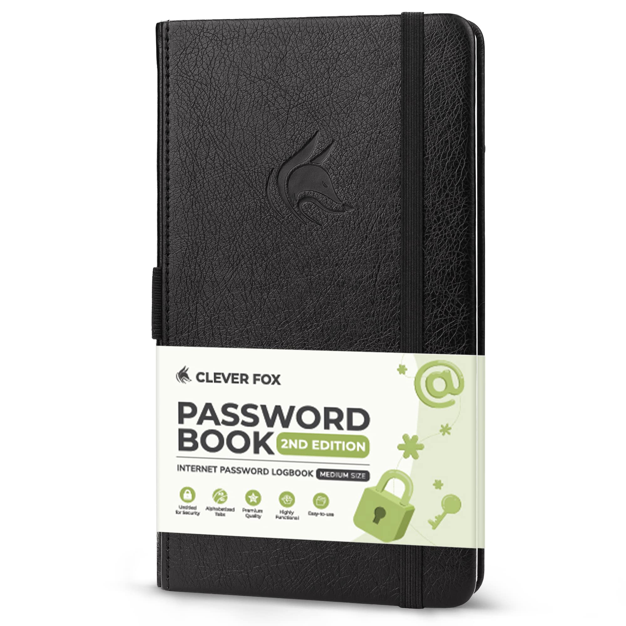 Clever Fox Password Book 2nd Edition – Hardcover Password Keeper with Laminated Alphabetical Tabs – Internet Address Notebook & Login Details Organizer Journal – 10.4x19.3cm (Black)