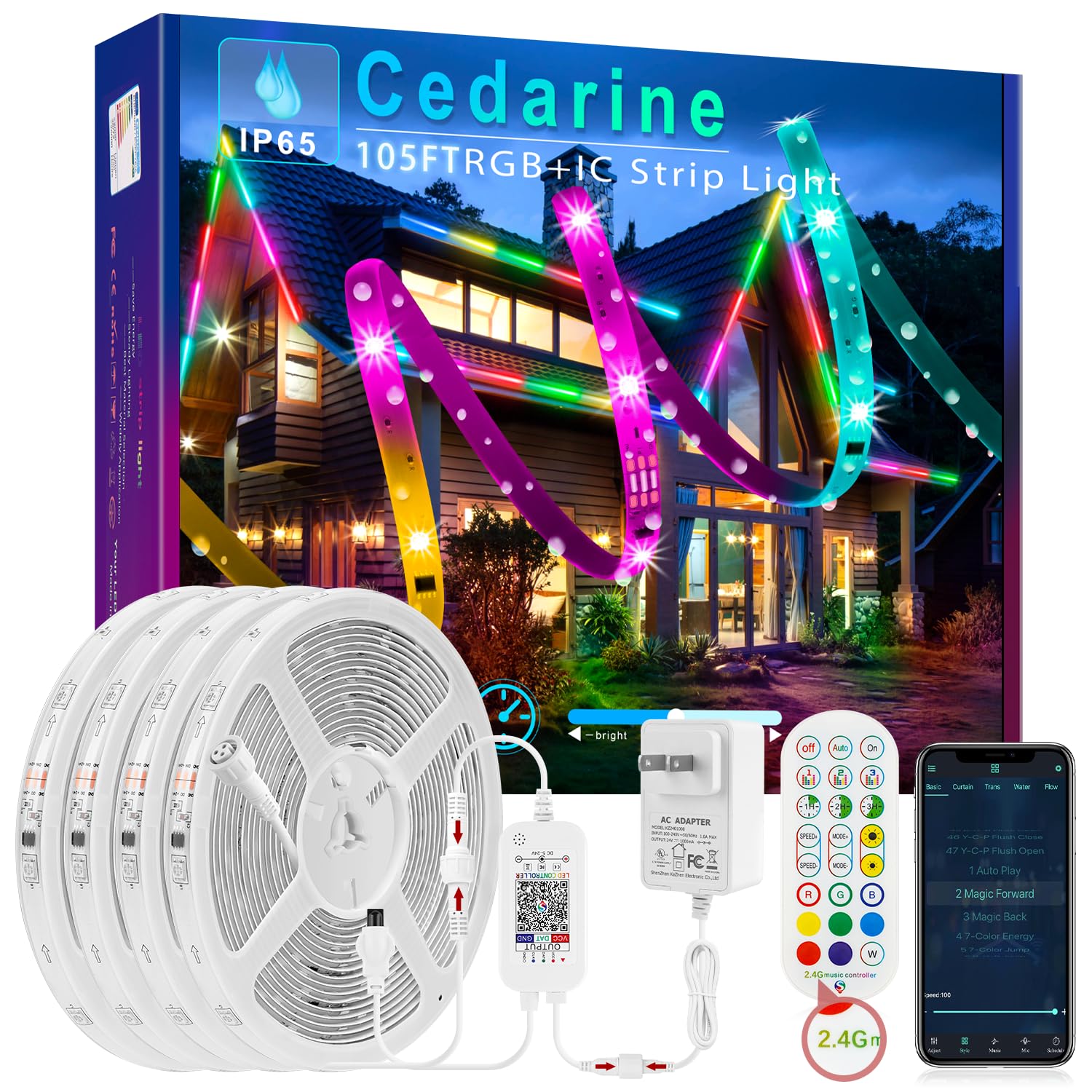 Photo 1 of Cedarine 105FT Continuous RGB+IC Outdoor Led Strip Lights Waterproof with RF Remote & Bluetooth Music Sync App Control, Long Color Changing LED Rope Lights,IP67,24V