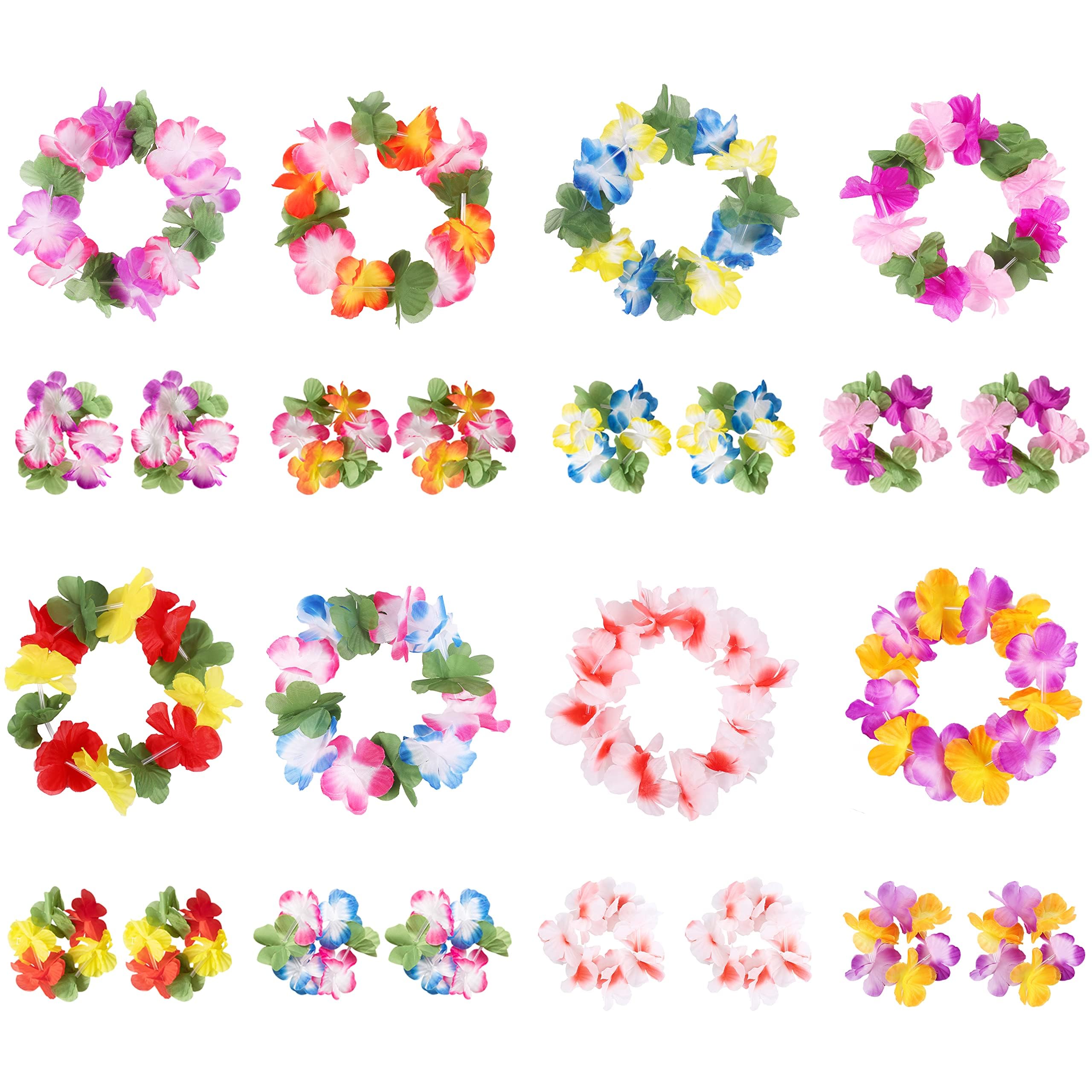 jollylife 60PCS Hawaiian Luau Leis Necklaces Bracelets Headbands Tropical Hibiscus Flowers Tiki Summer Pool Party Favors Supplies Decorations