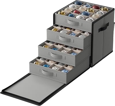 SONGMICS Christmas Decoration Storage Box with Lid 64 Slots 4 Drawers Dove Grey