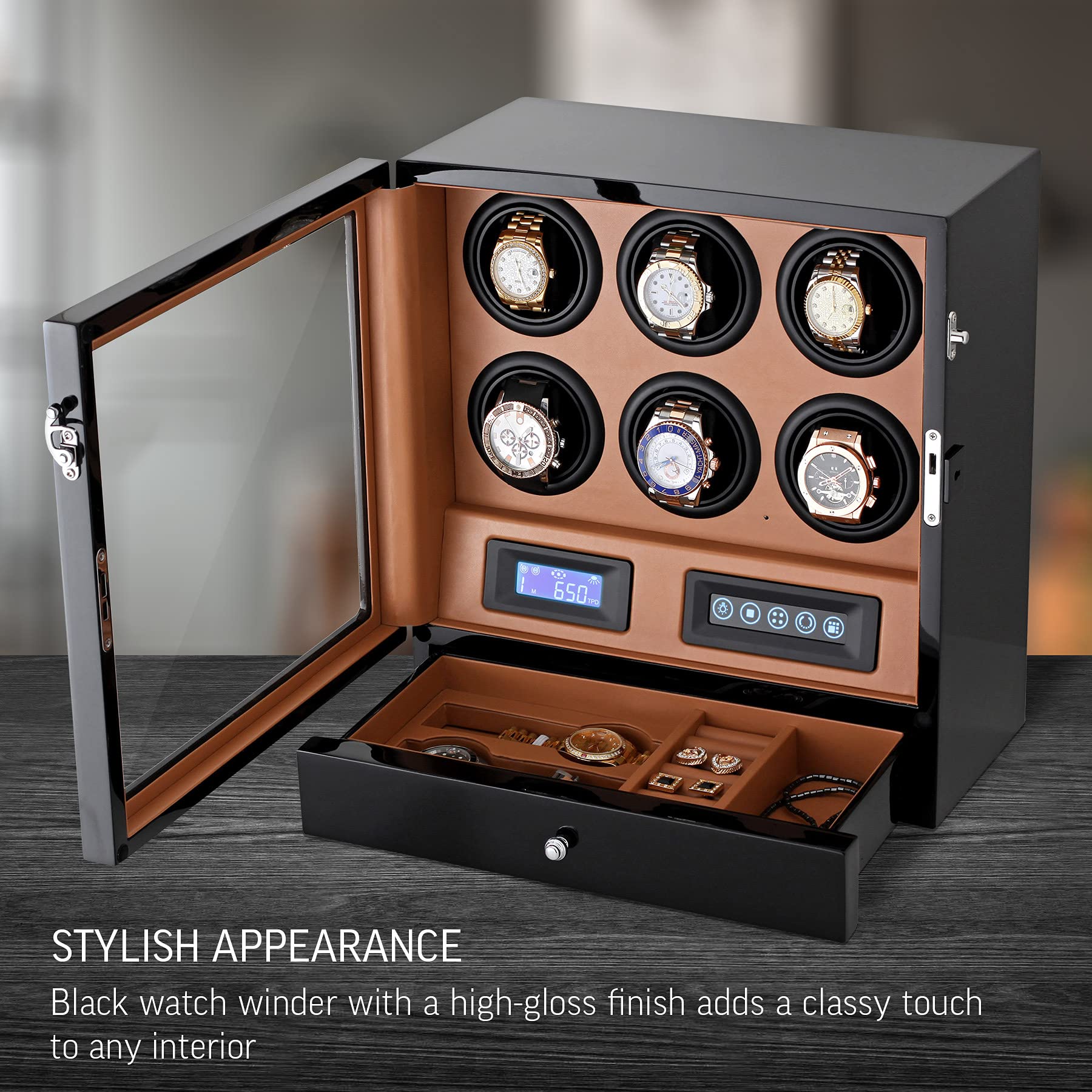 Watch Winder for 6 Watches with 2 Watches Storage Drawer, LED Backlight, LCD Display and Remote Control