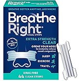 Breathe Right Nasal Strips | Extra Strength | Clear | For Sensitive Skin I Drug-Free Snoring Solution & Nasal Congestion Relief Caused by Colds & Allergies | 44 Count (Packaging May Vary)