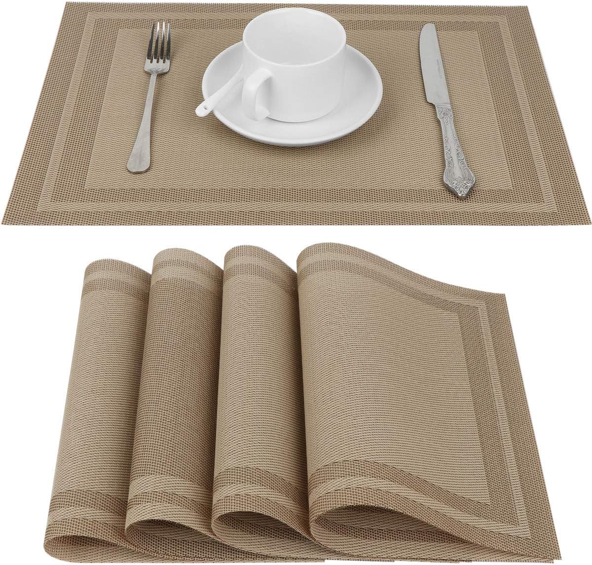Placemat, Crossweave Woven Vinyl Non-Slip Insulation Placemats, Heat-Resistant Stain Resistant Anti-Skid Washable PVC Table Mats, Easy to Clean, Set of 4 (Beige)
