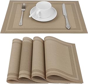 Placemat, Crossweave Woven Vinyl Non-Slip Insulation Placemats, Heat-Resistant Stain Resistant Anti-Skid Washable PVC Table Mats, Easy to Clean, Set of 4 (Beige)