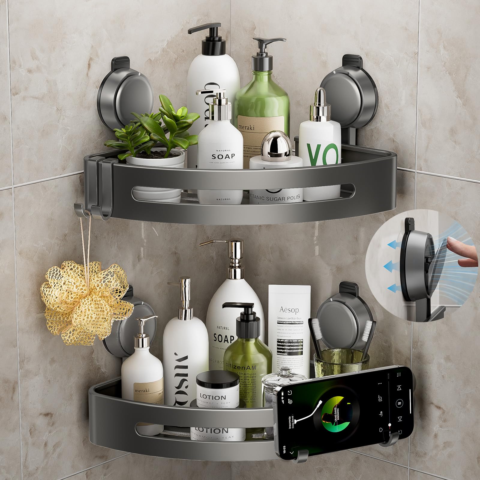 Photo 1 of ONXE Corner Shower Caddy Suction Cup,Shower Shelves with Hooks,No Drilling Powerful Upgrade Suction Bathroom Corner Organizers and Storage,Removable Waterproof Rustproof Shower Shelf Bathroom Decor