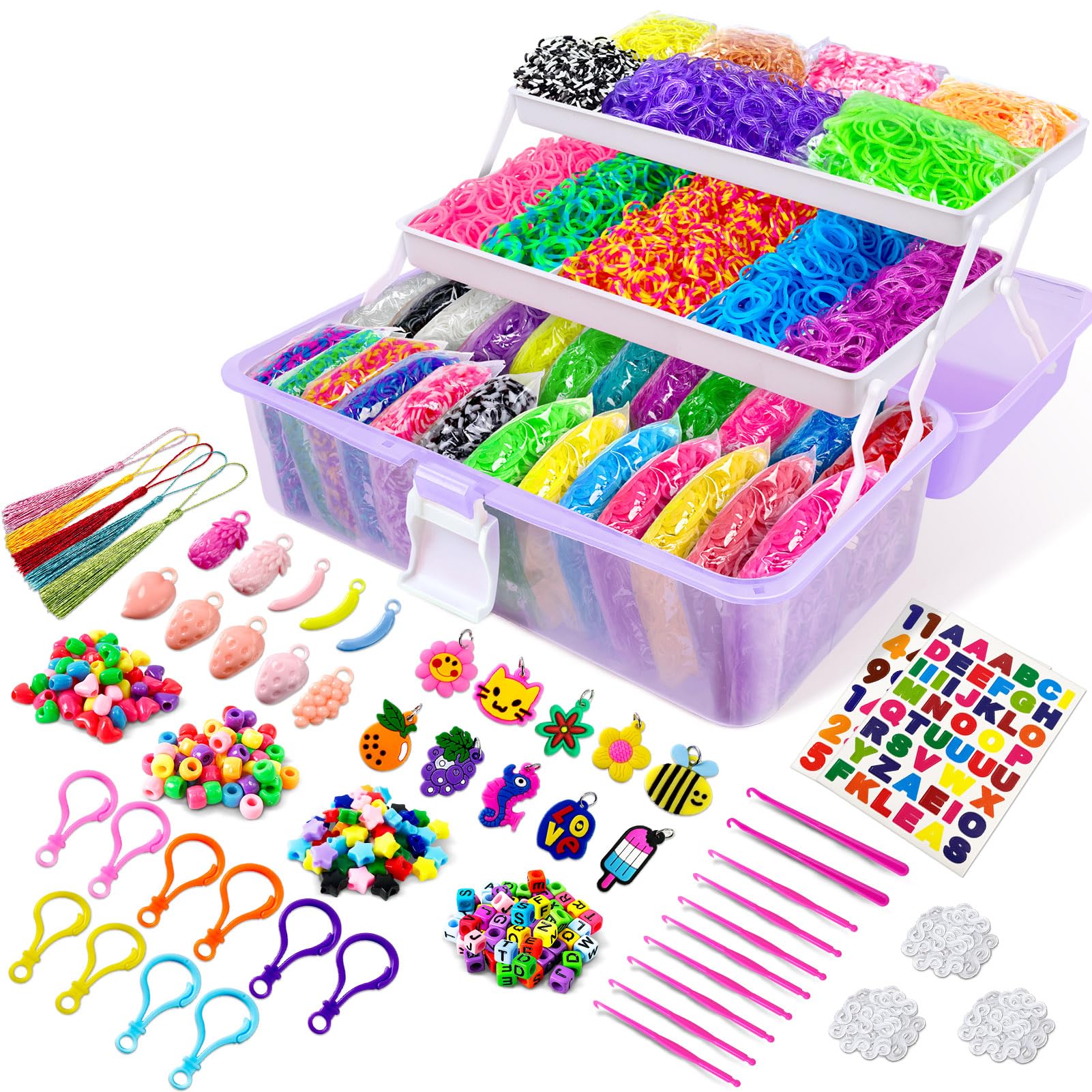 ROSHUKG 14500 Rubber Bands Bracelet Kit, Colorful Loom Bands Making Kit with 3 Layer Container for Girls Boys(Purple)