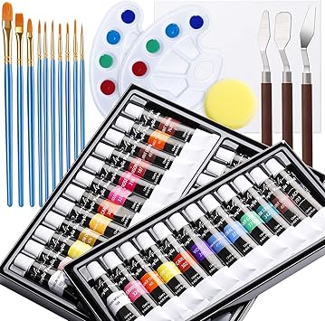 Amazon Co Jp 水彩絵の具 アクリル絵の具 36色 筆10本 パレット キャンバス付 0 4oz 12ml アクリル絵具 セット チューブ 絵の具 水彩風 アクリルカラー 水彩画 風景画 透明 鮮やか にじみ ぼかし かすれ 画材 イラスト 学習教材 学校教材 キャンバス絵画 Diy 工具