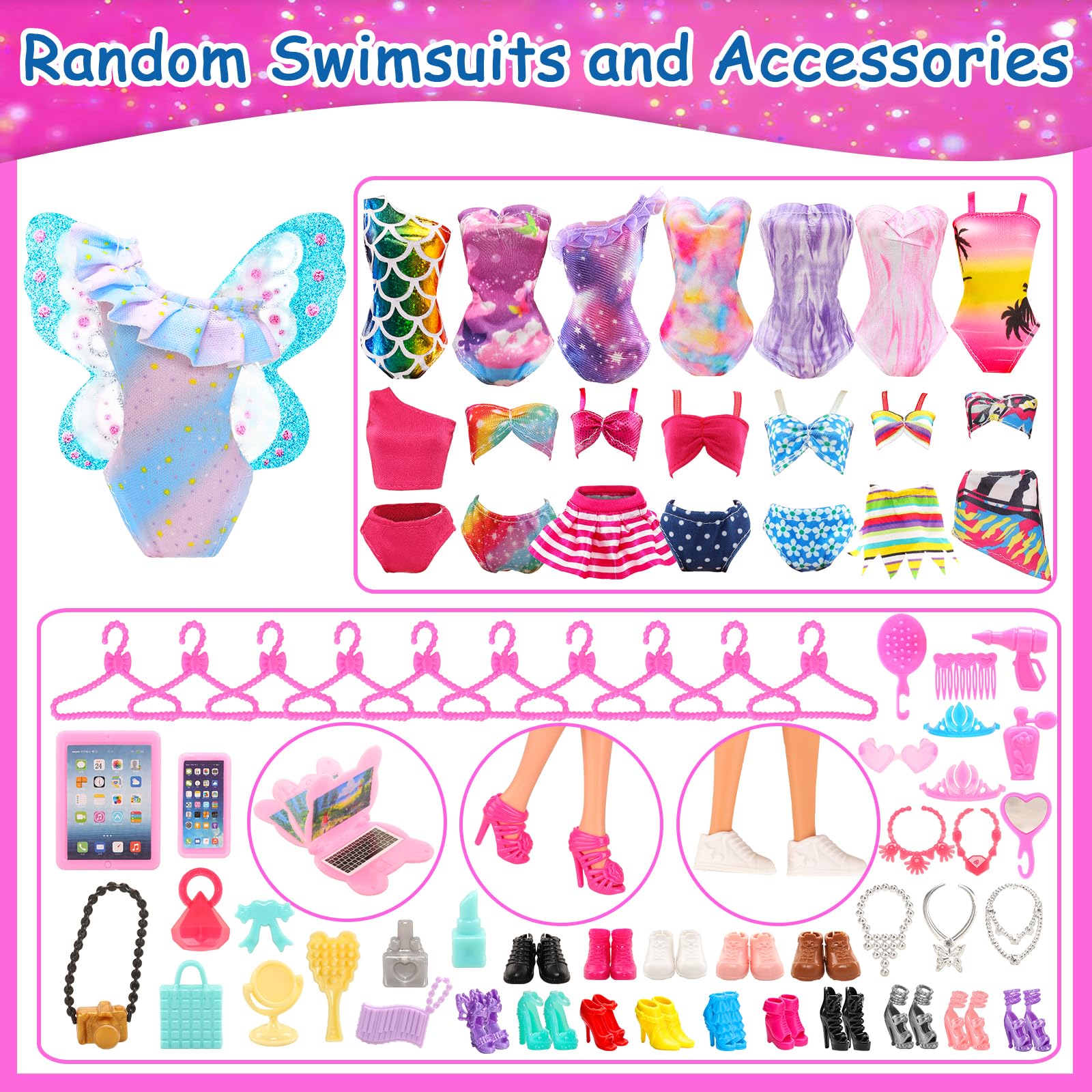 BARWA 70 Pack Doll Clothes and Accessories 3 Wedding Gown Dresses 5 Long Dresses Fashion Dresses 4 Tops 4 Pants 3 Swimsuits Bikini 5 Mini Dresses 15 Shoes Hangers Computer Cosmetic for 11.5 inch Doll