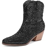 RONILURN Cowgirl Ankle Boots Cowboy Boots for Women Western Booties Rhinestone Chunky Heel Fashion Comfortable Side Zipper