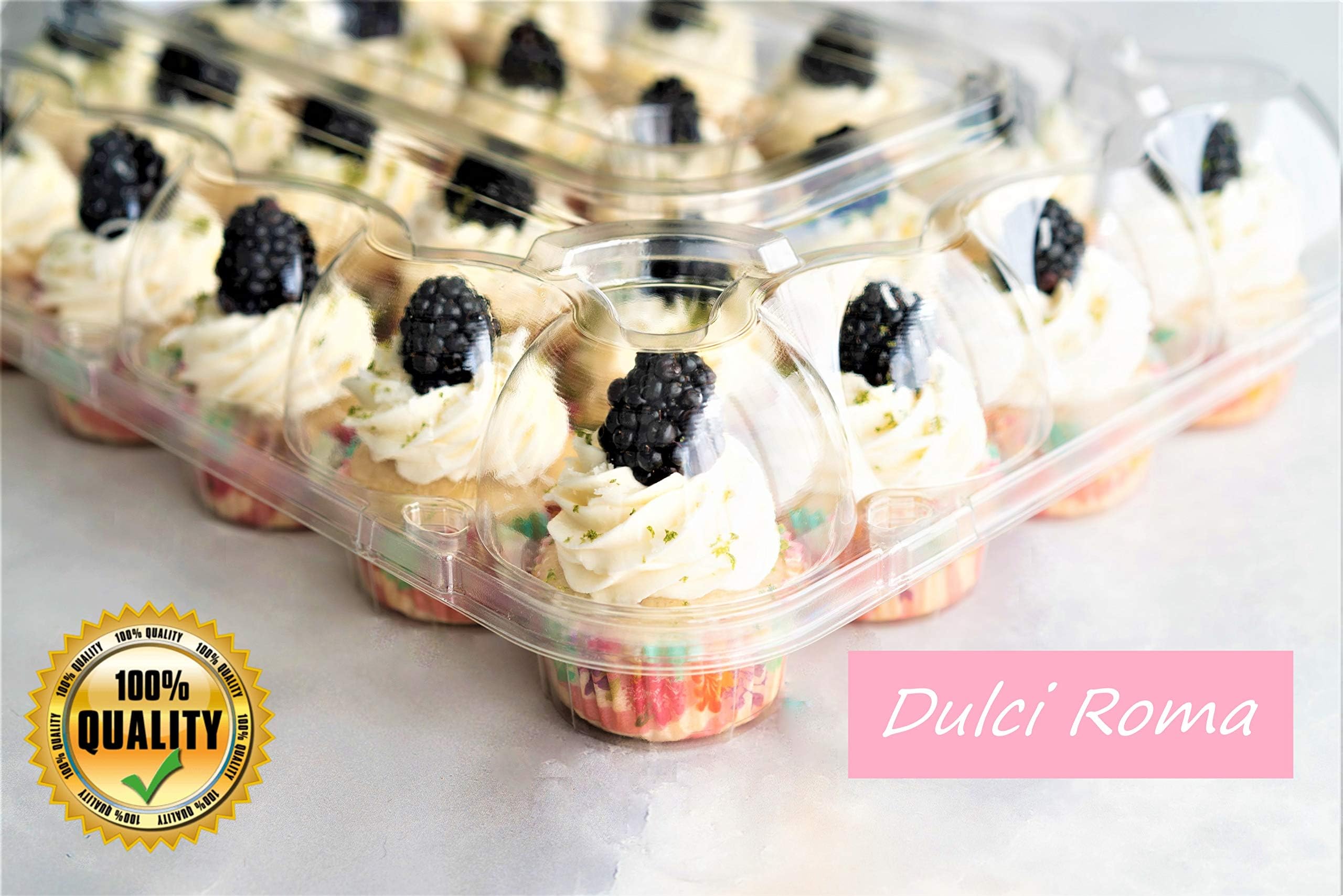 Dulci Roma [ 24 Pack X 5 Sets ] Stackable Cupcake Container | Strong Cupcake, Muffin Carrier | Storage Boxes | Standard Size with Tall Dome and Detachable Lid | Plastic Cupcake Holder