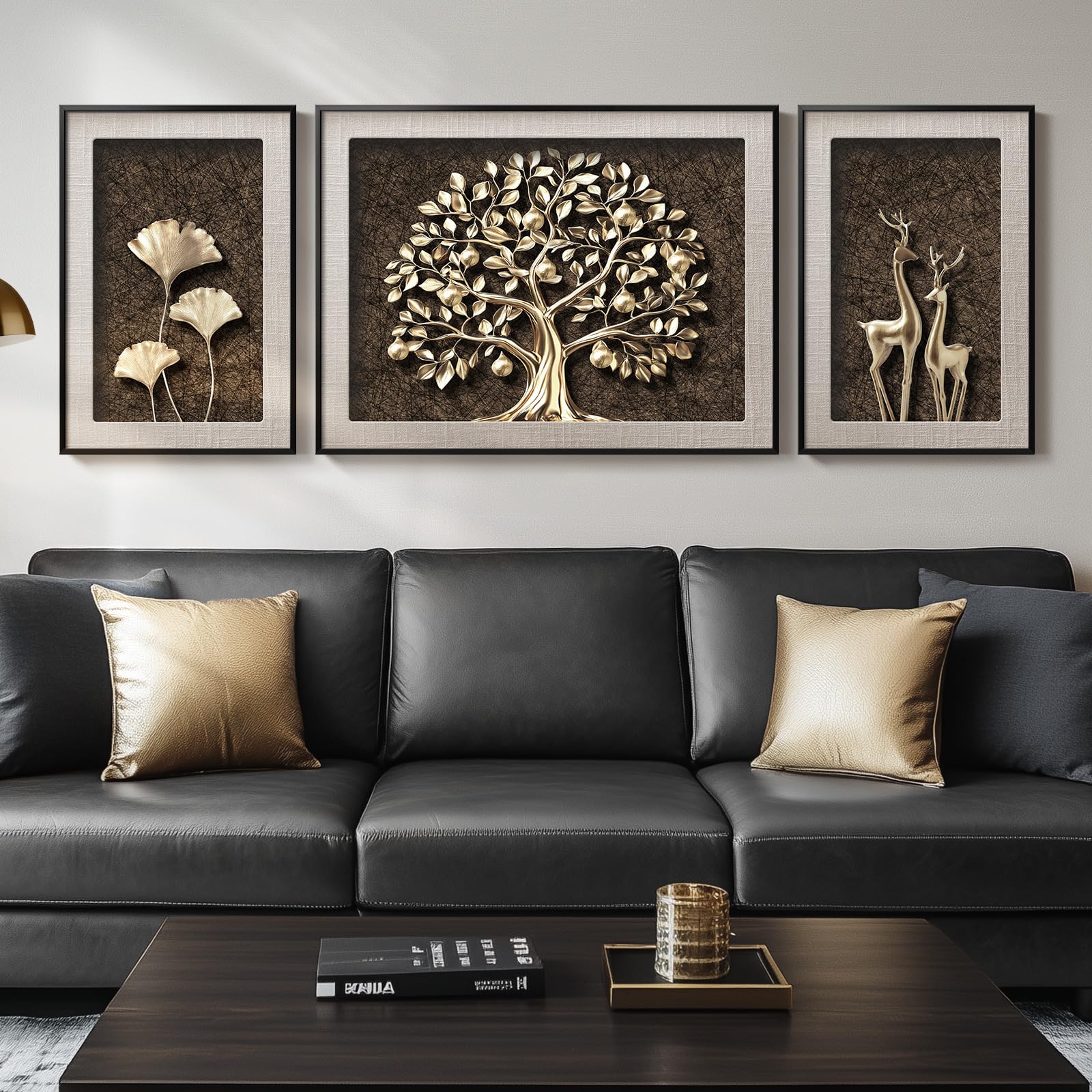 Photo 1 of Large Framed Tree of Life for Living Room, 3 Piece Modern Ginkgo Deer Animals Pictures Artwork for Walls, Brown and Gold Luxury Art Prints for Hallway, Kitchen, Office Wall Decor, Set 24" x 64"