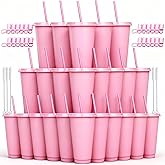 Alohastarttg 24 oz Reusable Plastic Cups, Custom Cups for Party with Lids and Straws, 24 Pack Iced Coffee Travel Mugs or Mean Girls Party Tumblers, Leak Proof Coffee Travel Mug (24, Pink)