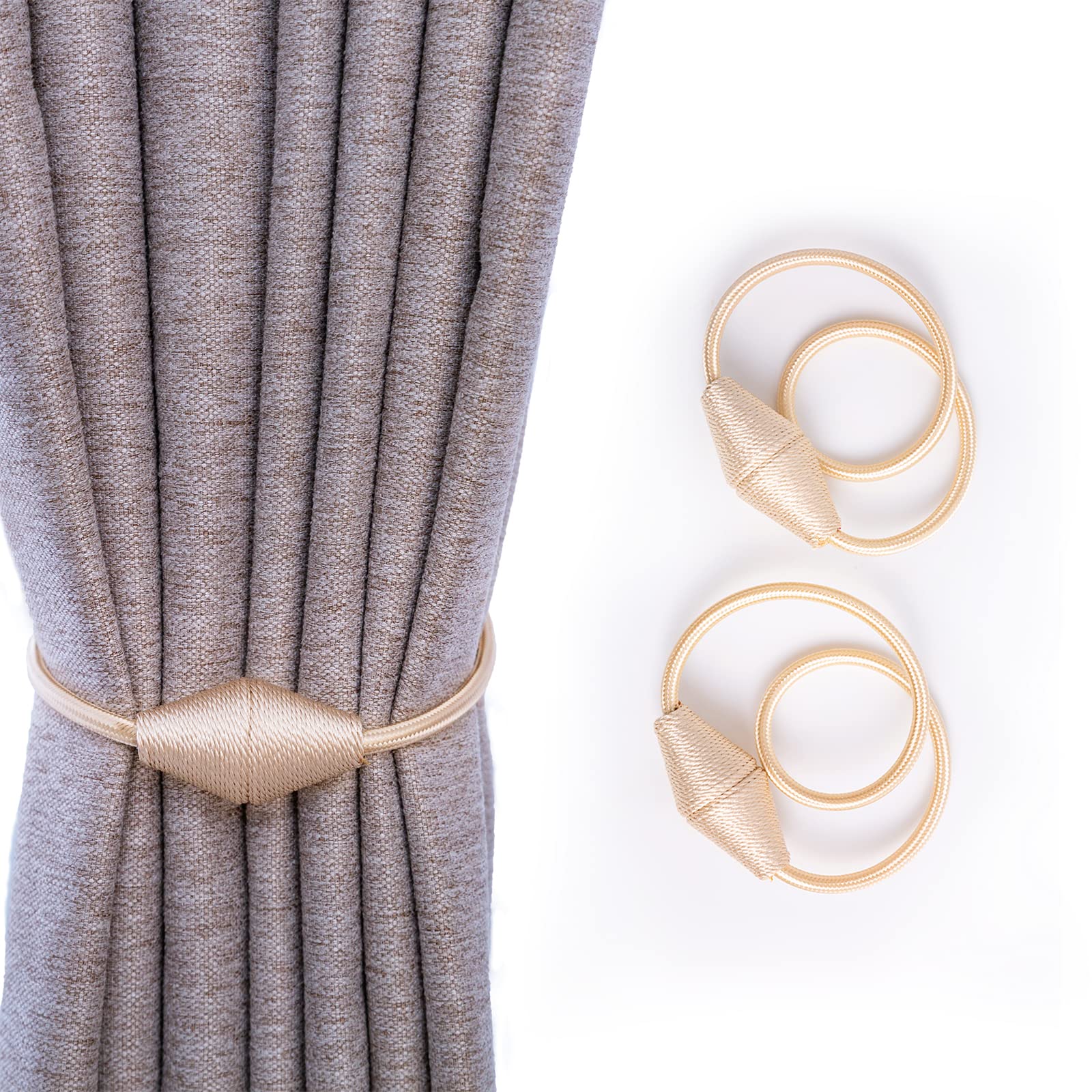 NeuWook 2 Pieces Magnetic Curtain Tie Backs, Curtain Rope Holdbacks Curtain Weaving Holder Buckles Convenient Drape Tie Backs for Thin or Thick Home Office Hotel Window Decorative (Beige)