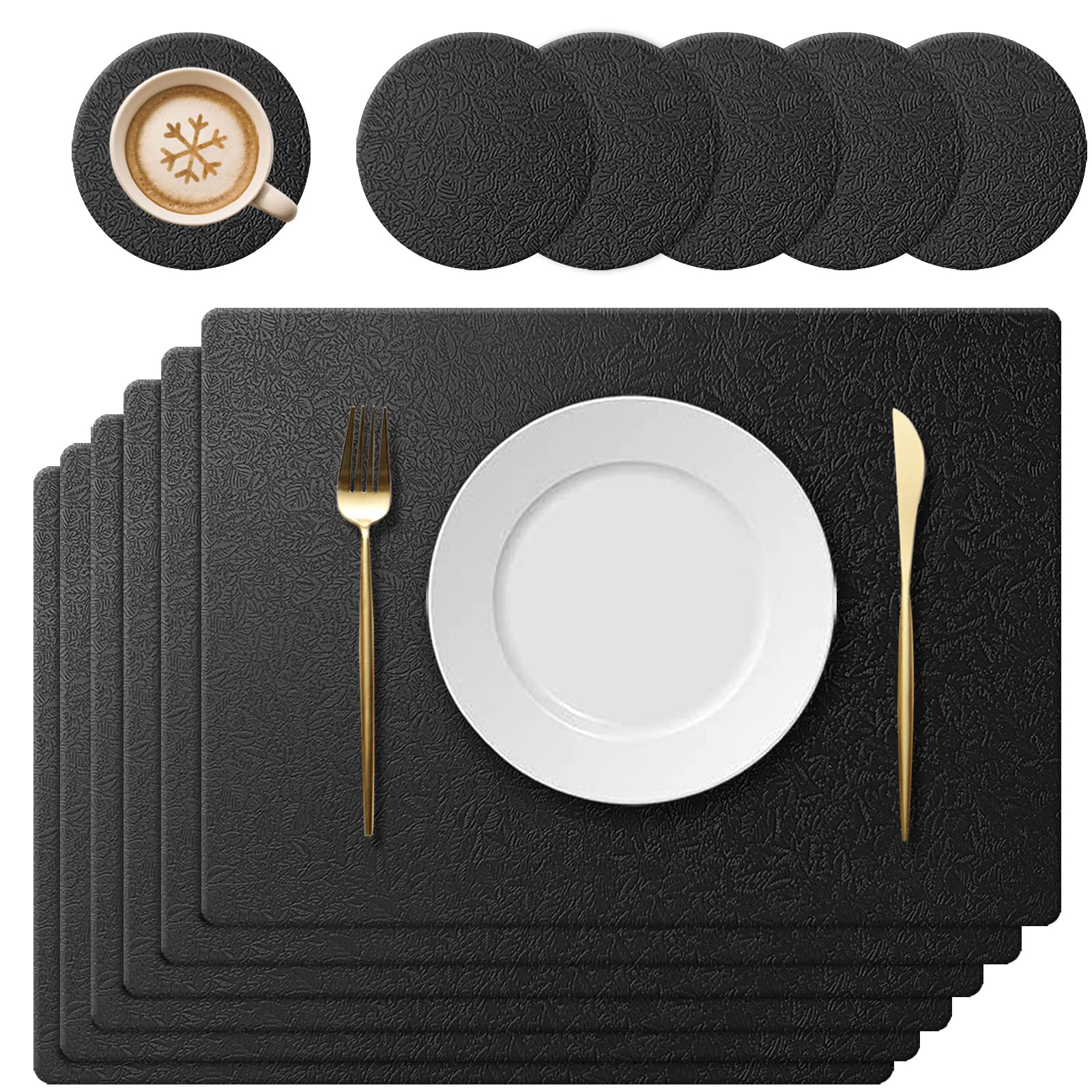 KERYCHIN 6 Silicone Placemats + 6 Round Washable Coasters Set, Heat Resistant 450°F, Non-Slip Leaf Pattern Design, Easy to Clean for Kitchen, Restaurant, 40 x 30 cm, Black