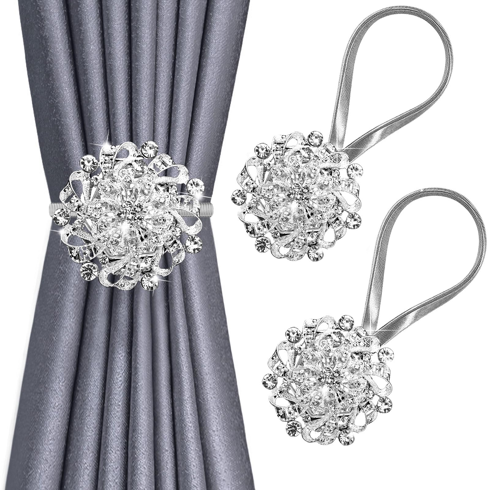 BOCHION Curtain Tie Backs, 2 Pack Sparkling Magnetic Curtain Tiebacks, Crystal Window Curtain Decorative Clips, Drapery Holdbacks With Stainless Spring Wire, No Drilling For Home Hotel Office (Silver)