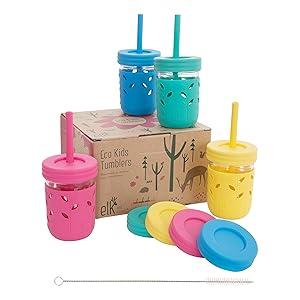 Elk and Friends Kids Cups/Toddler Cups with Silicone Straws - Glass Mason jars 8 oz with Silicone Sleeves & Straws + Straw & Leak Proof Regular Lids - Spill Proof cup for kids, Sippy Cups for Toddlers