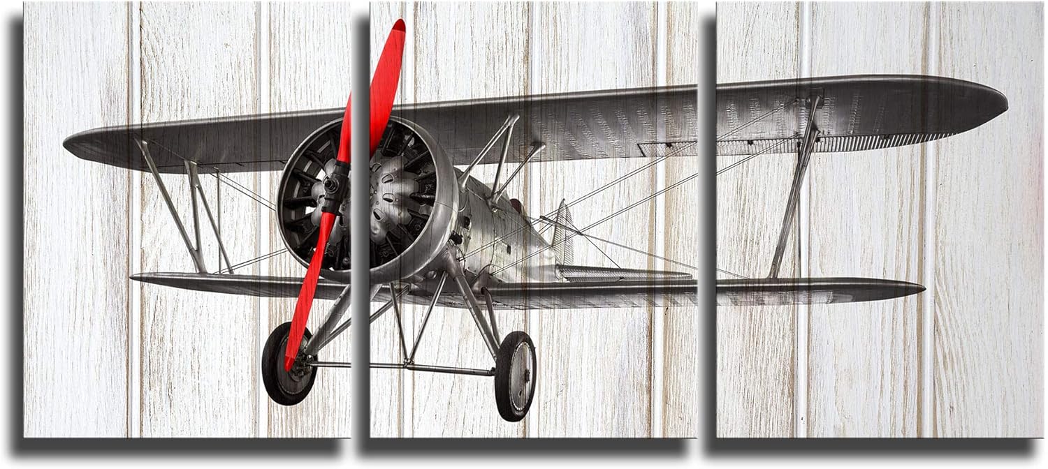 KLVOS 3 Piece Airplane Wall Art Decor for Boy Room on Wooden Background Vintage Living Room Decor Gallery Wrap Framed and Ready to Hang 12inch x 16inch x 3 panels (Propeller Aircraft)