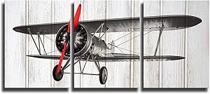 KLVOS 3 Piece Airplane Wall Art Decor for Boy Room on Wooden Background Vintage Living Room Decor Gallery Wrap Framed and Ready to Hang 12inch x 16inch x 3 panels (Propeller Aircraft)