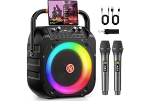 HUALIAN Karaoke Machine for Adults, Portable Bluetooth Karaoke with 2 Wireless Microphones, Echo Adjustment, LED Lights, PA System Karaoke Speaker Support TV/REC/AUX/USB/TF Card (6.5"Subwoofer Black)