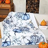 Thanksgiving Pumpkins Throw Blanket, Chinoiserie Blue and White Pumpkins Blanket Thanksgiving Soft Cozy Friends Gifts for Living Room Couch Bed Chair or Dorm, 50"x60"