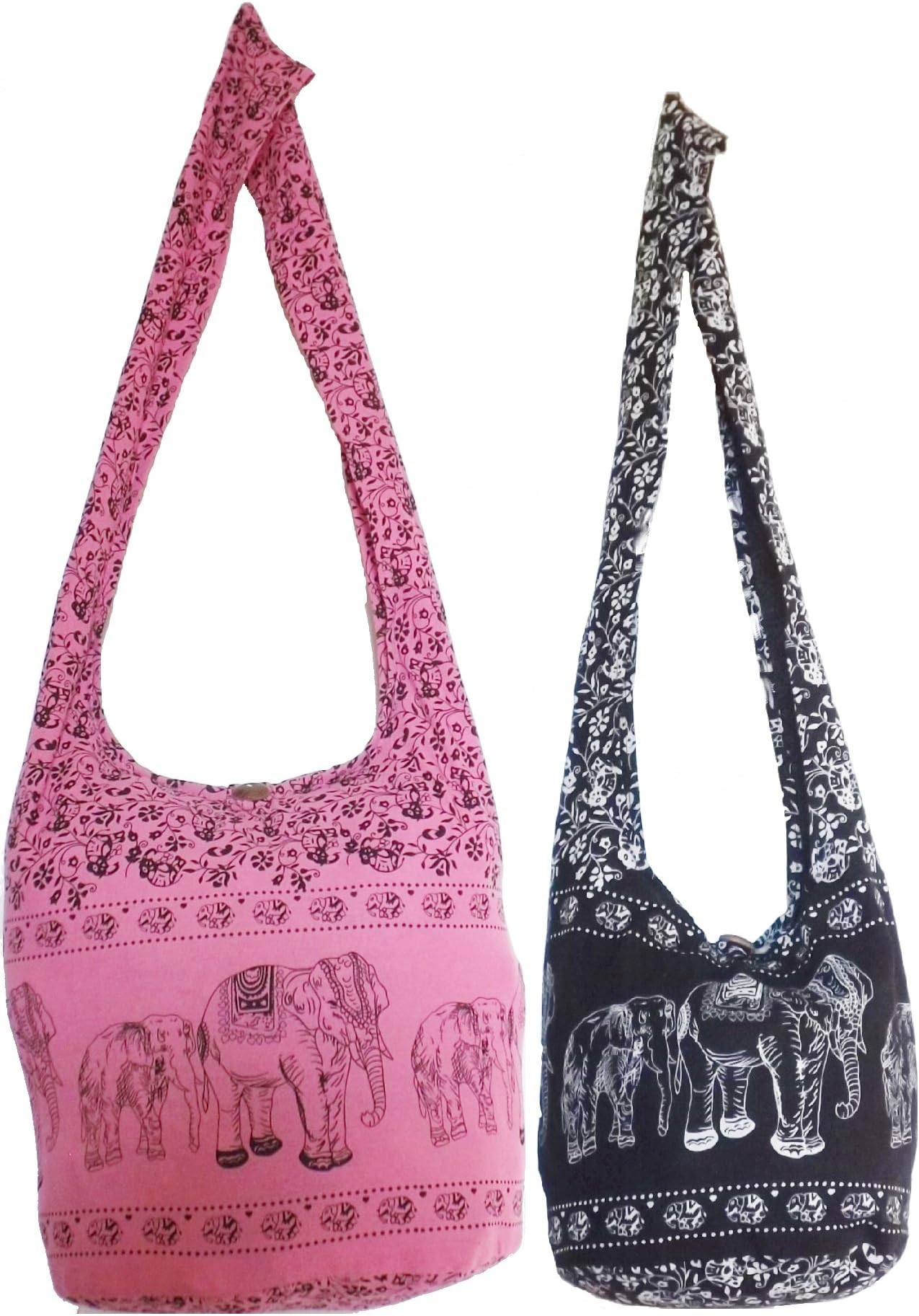 Pink Elephant Jumbo & Black Elephant Regular Sling Cross Body Shoulder Bags Hippie Hobo Thai Cotton Bohemian Tote Beach Bag Gym Bag Craft Bag Satchel Grocery Fishing Lunch Oversized Weekender Carry-on Bags and Purses by Audrey Slavich