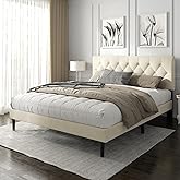 HAOARA King Size Platform Bed Frame with Upholstered Button Tufted Headboard, Mattress Foundation with Wooden Slat Support, Noise Free, No Box Spring Needed, Easy Assembly, Beige Velvet