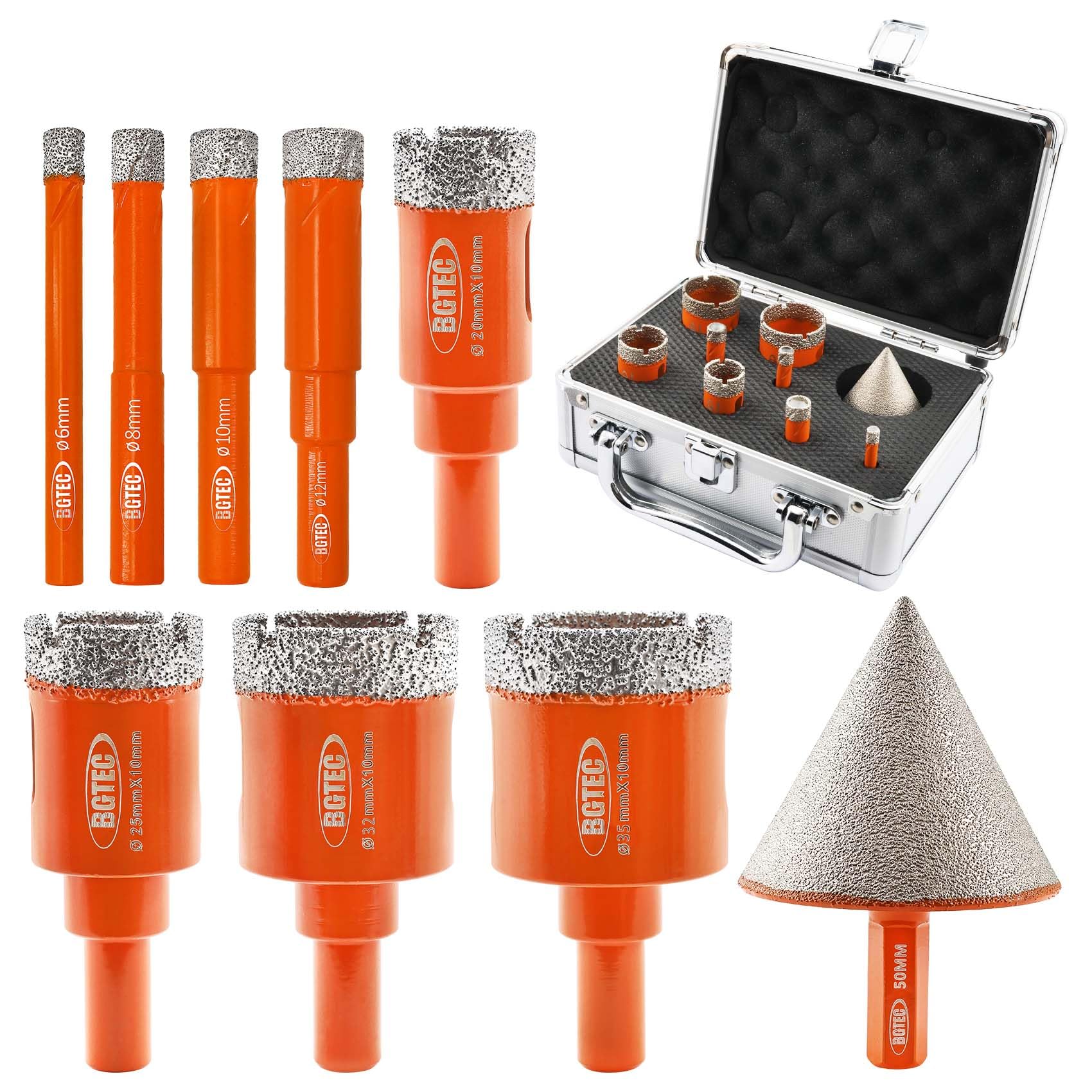 BGTEC Diamond Core Drill Bits Set - 9pcs(6/8/10/12/20/25/32/35mm+50mm Chamfer Bit) Diamond Hole Saw with Rounded Shank for for Ceramic Porcelain Tiles Marble Granite Concrete Masonry