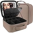 MOMIRA Travel Makeup Bag Cosmetic Bag Makeup Organizer Bag with Lighted Mirror, Adjustable Brightness in 3 Color Scenarios, Waterproof Makeup Train Case, Gift for Women - Deep Apricot