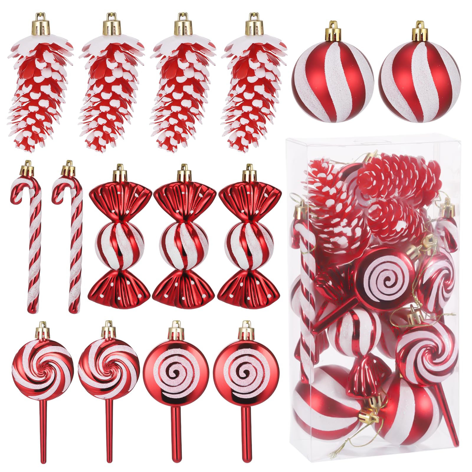 Zocipro 15Pcs Christmas Tree Decorations Glitter Candy Pine Cones Cane Lollipop Ball Hanging Ornaments with Rope, Christmas Baubles Ornaments for Xmas Home Decor (Red & White)