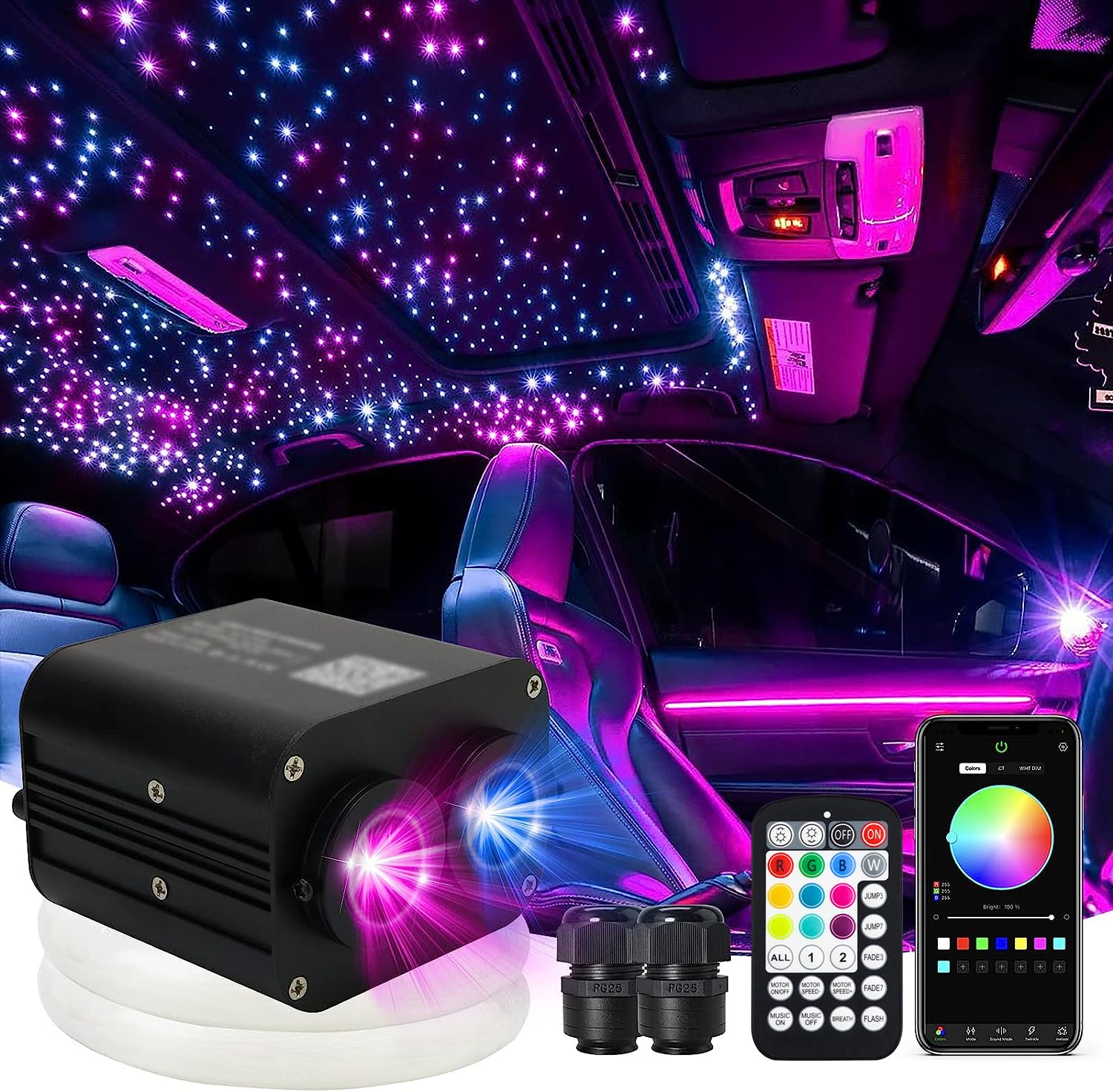 Photo 1 of AMKI Dual Color 20W Twinkle Starlight Headliner Kit Mixed 860pcs*9.8ft Cables Fiber Optic Light Cable Sound Activated Music Mode APP/Remote Control Dual Port Light Box for Car Home Roof Decor