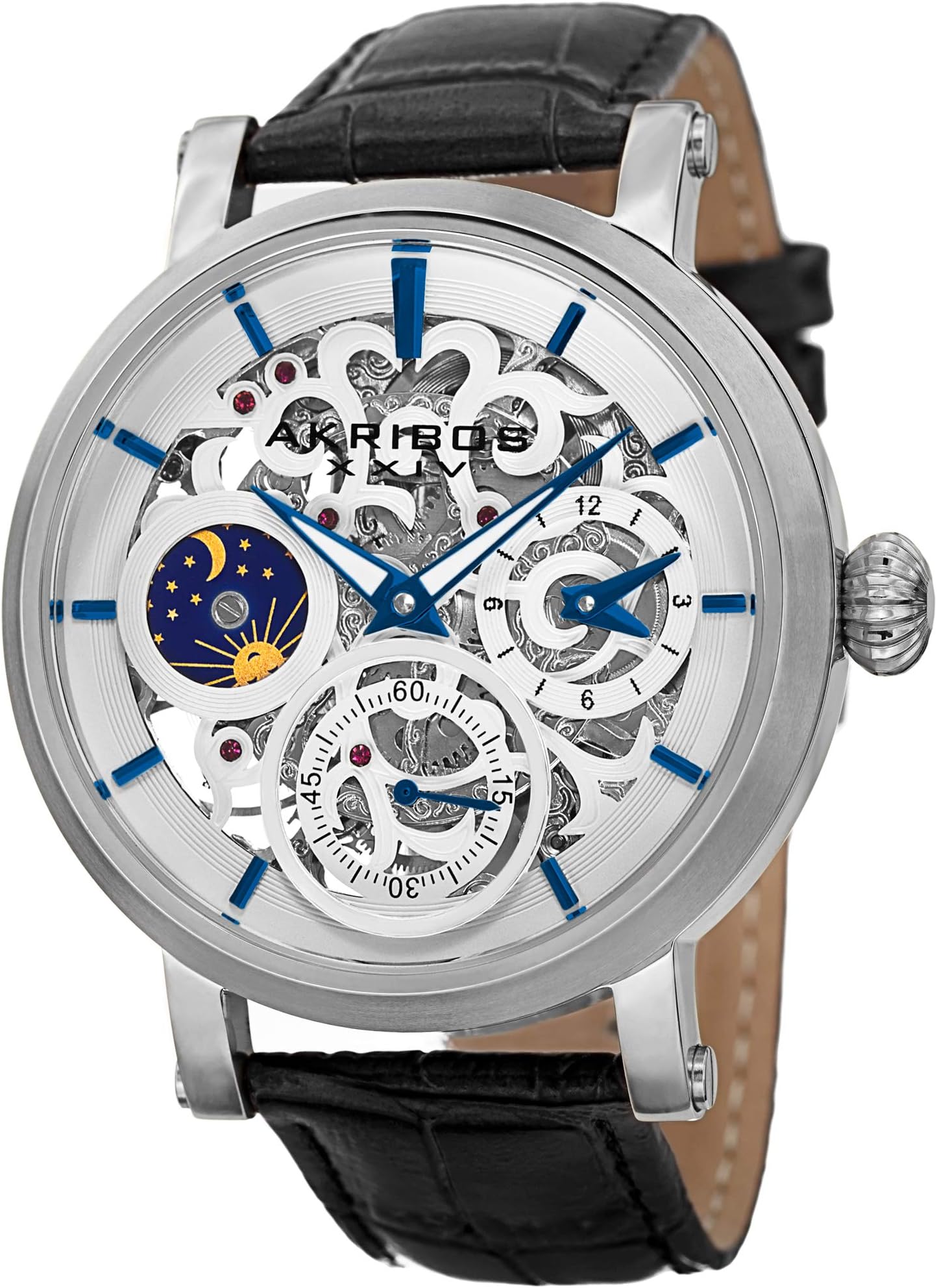 Akribos Skeleton Multifunction Men's Watch - Mechanical Automatic Dual-Time Skeletonized Dial with Moonphase AM/PM Indicator on Embossed Crocodile Genuine Leather Strap- AK745