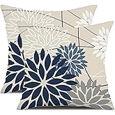 Blue and Gray Floral Pillow Covers 18x18 Set of 2 Outdoor Waterproof White Colored Decorative Throw Pillows Summer Pillowcase Polyester Cushion Case Decor for Couch Patio Funiture Garden Porch 01B18