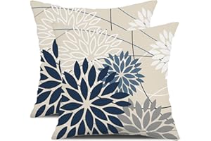 DFXSZ Blue and Gray Floral Pillow Covers 18x18 Set of 2 Outdoor Waterproof White Colored Decorative Throw Pillows Summer Pillowcase Polyester Cushion Case Decor for Couch Patio Funiture Garden Porch 01B18