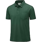 MAGCOMSEN Mens Polo Shirts with Pocket Short Sleeve Cotton Pique Collared Shirt Moisture Wicking Golf Shirts Summer Tops Dark Green 2XL